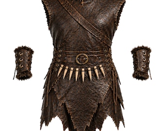 Caveman Costume Primitive Warrior Outfit Tribal LARP Men Stone Age Outfit Hunter Cosplay Leather Armor