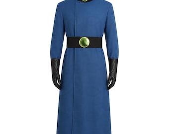 Villain Cosplay Coat, Blue Cartoon Style Trench Costume, Black Collar Belt Uniform Jacket