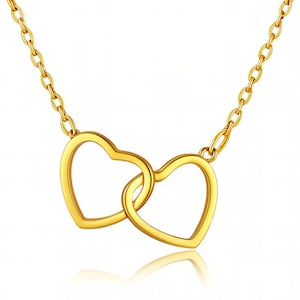 Two Hearts Interconnected Necklace, 18K Gold Plated Stainless Steel, Love Symbol, Waterproof, Tarnish Free