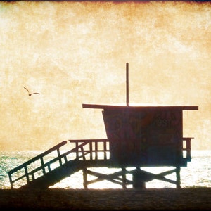 Tramonto sulla spiaggia, bagnino Torre Sud della california, stile dell'annata, palos verdes, carta di Torrance Redondo Hermosa spiagge #D4486