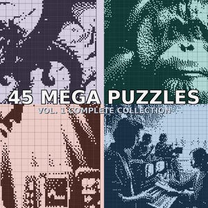 Könnte beinhalten: Ein mehrteiliges Bild mit pixeligen Illustrationen eines Drachen, eines Orang-Utans und einer Gruppe von Menschen. Der Text "45 MEGA PUZZLES" wird zusammen mit "VOL. 1 COMPLETE COLLECTION" und einem Banner "SAVE 37%" angezeigt.