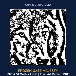 May include: A black and white pixel art pattern featuring a wolf face with the text GRAND GRID STUDIO at the top and FROZEN GAZE MAJESTY 200x200 Master Level | Pixel Art Pattern PDF at the bottom on a dark blue background.