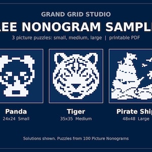 Peut inclure: Un graphique bleu foncé avec le texte GRAND GRID STUDIO FREE NONOGRAM SAMPLER. Il présente trois puzzles en pixel art blanc : un panda étiqueté 24x24 Small, un tigre 35x35 Medium et un bateau pirate 48x48 Large.