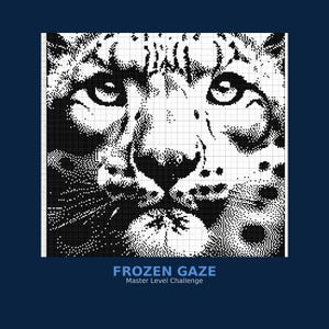May include: A black and white pixelated image of a snow leopard's face, with piercing eyes and detailed fur patterns. The image is set against a dark blue background. Text at the bottom reads "FROZEN GAZE" and "Master Level Challenge."