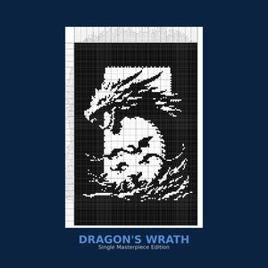 Pode incluir: Imagem pixelizada em preto e branco de um dragão com a boca aberta, rodeado por ondas. O texto "DRAGON'S WRATH" e "Single Masterpiece Edition" estão abaixo da imagem.