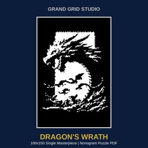 May include: A black and white nonogram puzzle PDF titled Dragon's Wrath by Grand Grid Studio. The graphic features a pixelated dragon silhouette emerging from waves, set against a rectangular frame with a 100x150 grid specification.