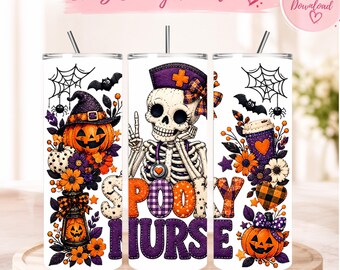 Spooky Nurse Tumbler Wrap, Halloween 20 Oz Skinny Tumbler, Skeleton Nurse Sublimation PNG, Purple Orange Nurse Design, Digital Download