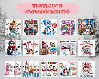 15 Snowman Tumbler Wraps, 20oz Skinny Christmas Sublimation PNG, Funny Snowman Designs, Holiday Tumbler Digital Download