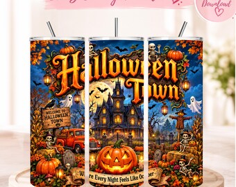 Halloweentown Tumbler Wrap 20 Oz Skinny, Haunted House Skeleton Pumpkin Sublimation PNG, Spooky Gothic Fall Tumbler Design, Digital Download