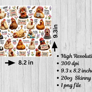 Op de afbeelding: Een digitaal ontwerpbestand met een verzameling cartoonkippen met verschillende uitdrukkingen en humoristische tekstzinnen zoals Zero Clucks Given en Living My Nest Life. De afbeelding meet 23,6 cm bij 20,8 cm en is een 300 dpi PNG-bestand.