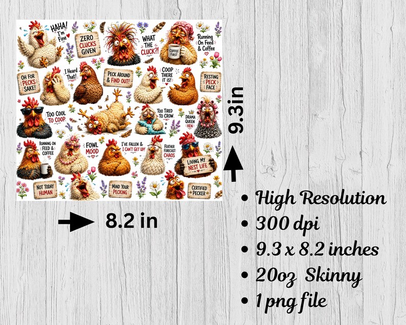 Op de afbeelding: Een digitaal ontwerpbestand met een verzameling cartoonkippen met verschillende uitdrukkingen en humoristische tekstzinnen zoals Zero Clucks Given en Living My Nest Life. De afbeelding meet 23,6 cm bij 20,8 cm en is een 300 dpi PNG-bestand.