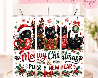 Christmas Cat Tumbler Wrap, Meowy Christmas 20 Oz Skinny Tumbler, Black Cat Christmas PNG, Cute Holiday Tumbler Wrap, Sublimation Png