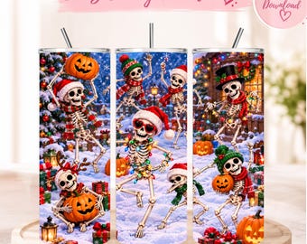 Christmas Skeleton Tumbler Wrap, Dancing Skeletons 20 Oz Skinny Tumbler PNG, Christmas Sublimation Design, Funny Holiday Tumbler