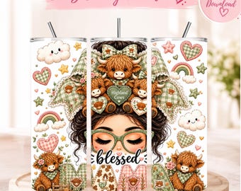 Highland Cow Tumbler Wrap PNG, Blessed Mama 20oz Skinny Tumbler Sublimation, Cow Mom Tumbler Design, Farmhouse Cow Digital Download