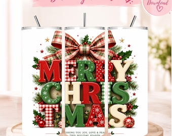 Christmas Tumbler Wrap PNG, 20 Oz Skinny Tumbler Sublimation Design, Merry Christmas Plaid Bow Holiday Digital Download
