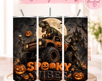 Halloween Monster Truck Tumbler Wrap, 20 Oz Skinny Tumbler PNG, Spooky T Rex Dinosaur Skeleton Pumpkin Sublimation Design