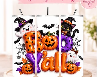 boo y'all Halloween Tumbler Wrap PNG | 20oz Skinny Tumbler | Cute Witch Cat Pumpkin | Spooky Sublimation Design | Digital Download
