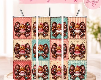 Gingerbread Tumbler Wrap PNG, 20oz Skinny Christmas Sublimation Design, Pink Bow Gingerbread Christmas Tumbler, Digital Download
