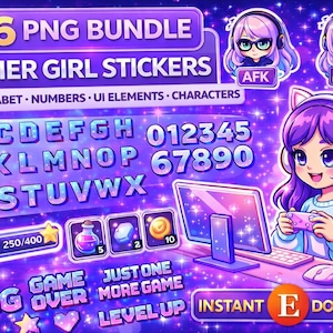 Gamer Font PNG Bundle, Gaming Alphabet Letters A-Z, Numbers 0-9, Cute Gamer Girl Stickers, UI Elements Pack, Digital Download