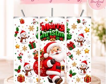 Christmas Santa Tumbler Wrap, Santa 20oz Skinny Tumbler Sublimation Design, Snowman Holiday Tumbler (Digital Download)