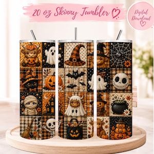 May include: A 20 oz skinny tumbler digital download featuring a patchwork design of Halloween motifs including a highland cow, ghost, pumpkin, witch hat, bat, mummy, skeleton, spider web, and cauldron in orange, black, and white colors.