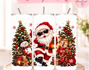 Christmas Tumbler Wrap PNG, 20oz Skinny Tumbler, Santa Snowman Reindeer, Holiday Sublimation Design, Christmas Tumbler Digital Download