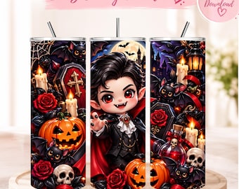 Vampire Tumbler Wrap, Halloween 20 Oz Skinny Tumbler Wrap, Gothic Chibi Vampire Cup Design, Spooky Bat Digital PNG, Halloween Tumbler Wrap