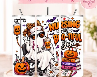 Halloween Nurse Tumbler Wrap 20 Oz, Boo-tiful Nurse PNG, Spooky Nursing Sublimation Design, 20oz Skinny Tumbler Digital Download