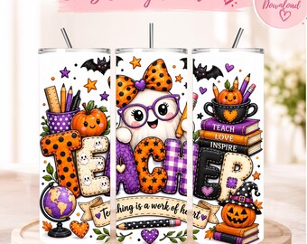 Halloween Teacher Tumbler Wrap, 20oz Skinny Teacher PNG, Spooky Teacher Sublimation Design, Back to School Digital Download