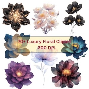 May include: A collection of watercolor floral clipart in various colors, including black, blue, purple, and white. The image includes the text "70+ Luxury Floral Clipart 300 DPI". The flowers have detailed petals and golden centers.