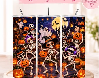 Dancing Skeletons Halloween Tumbler Wrap, Spooky Pumpkin Ghost Design, Halloween Tumbler Wrap Png (Digital Download)