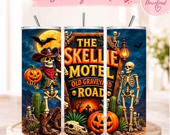 Halloween Skeleton Tumbler Wrap, 20oz Cowboy Skull Sublimation PNG, Spooky Western Tumbler Design, Haunted Motel Digital Download