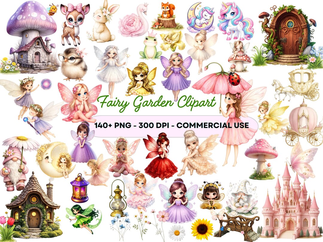 Magical Garden Fairy Clipart Bundle, Fantasy Elements, Floral, Animals ...