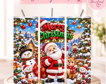 Christmas Tumbler Wrap PNG, Santa 20oz Skinny Tumbler Sublimation Design, Snowman Reindeer Holiday Tumbler, Christmas Digital Download