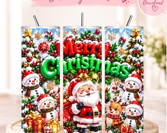 Christmas Tumbler Wrap PNG, Santa 20oz Skinny Tumbler Sublimation Design, Snowman Reindeer Holiday Tumbler, Merry Christmas