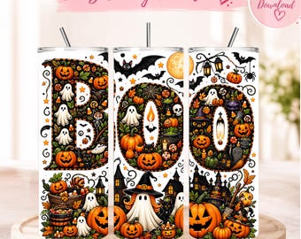 Halloween Boo Tumbler Wrap PNG, 20 Oz Skinny Tumbler Sublimation, Boo Ghost Pumpkin Witch Design, Spooky Digital Download