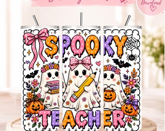 Spooky Teacher Tumbler Wrap PNG, 20 Oz Skinny Halloween Sublimation, Ghost, Bows, Pumpkins , Ghost Teacher Coquette Bow Digital Download