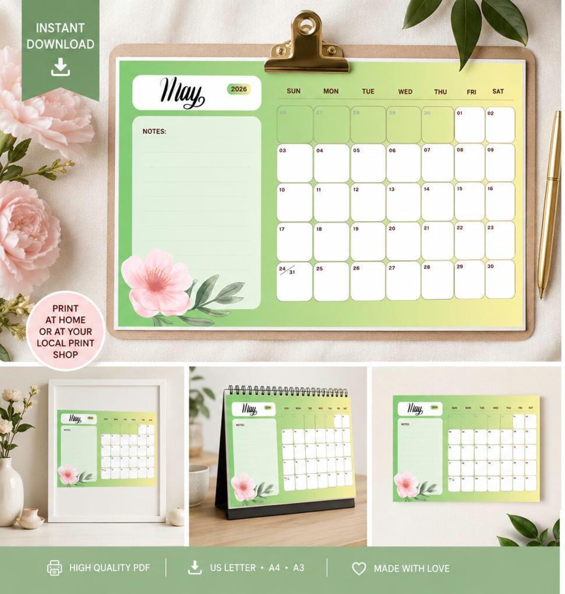 Calendario floral de mayo de 2026 / Planificador mensual minimalista ...