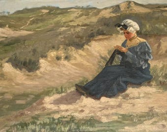 Tableau paysage impressioniste Jeune femme dans les dunes Peinture à huile ancien / debut du XXe siècle