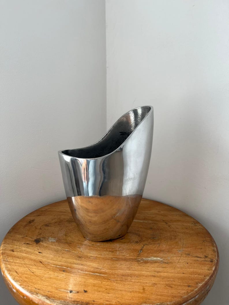 Pu&ograve; includere: Un vaso in metallo argentato lucido con un design unico e asimmetrico. Il vaso ha un'ampia apertura e una base arrotondata. La superficie riflettente del vaso cattura la luce, creando riflessi e ombre. Misura circa 25 cm di altezza.