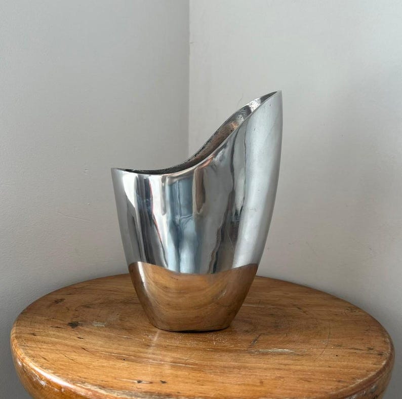 Pu&ograve; includere: Un vaso argentato lucido con un design unico e asimmetrico. Il vaso ha un'ampia apertura curva e una base arrotondata. La superficie riflettente del vaso crea un contrasto sorprendente con il tavolo di legno su cui poggia.