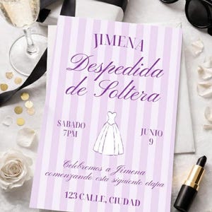 May include: A bridal shower invitation with a light purple and white striped background. The invitation includes the text "JIMENA Despedida de Soltera" and event details. Accessories include sunglasses, lipstick, and a gift.
