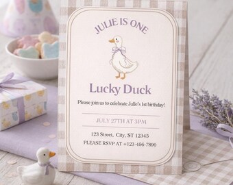 Mall för Lucky Duck-inbjudan till första födelsedag - Redigerbar inbjudan till första födelsedag