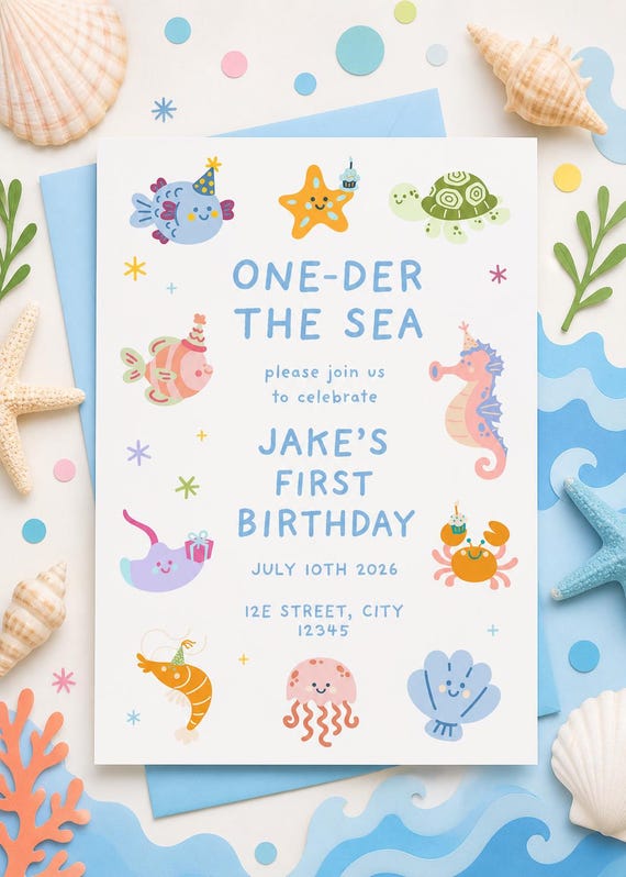 One-der The Sea First Birthday Invitation, Editable Ocean Party Invite (Digital Download)