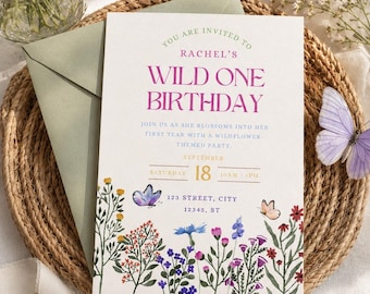 Mall för inbjudan till Wild Ones första födelsedag, redigerbar inbjudan till Wildflower-födelsedag (digital nedladdning)