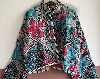 Boho Kantha Jacket, Vintage Patchwork Cotton Jacket, Handmade Artisan Outerwear