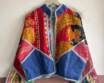 Vintage Quilted Kantha Jacket, Handmade Reversible Cotton Patchwork Outerwear