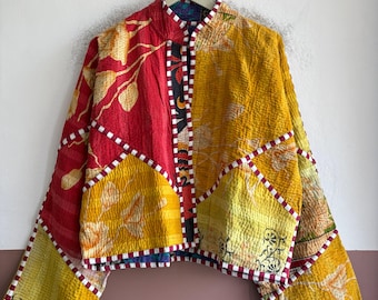 Vintage Cotton Kantha Jacket, Handmade Reversible Quilted Jacket, Boho Patchwork Outerwear