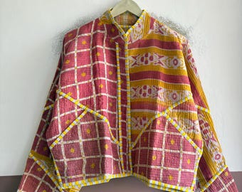 Vintage Kantha Quilted Jacket, Handmade Cotton Reversible Outerwear
