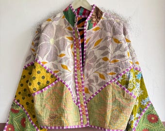 Vintage Kantha Jacket, Reversible Handmade Patchwork Jacket, Boho Quilted Cotton Coat, Artisan Wear